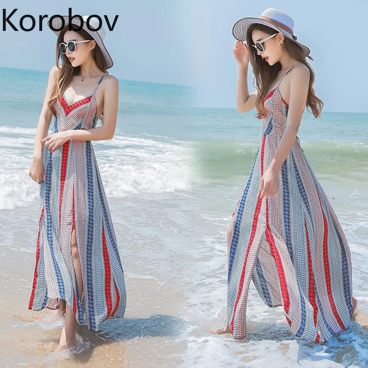 

Korobov Summer New Sexy V Neck Backless Dress Boho Spaghetti Strap Long Striped Dresses Korean High Wait Beach Vestidos 78324