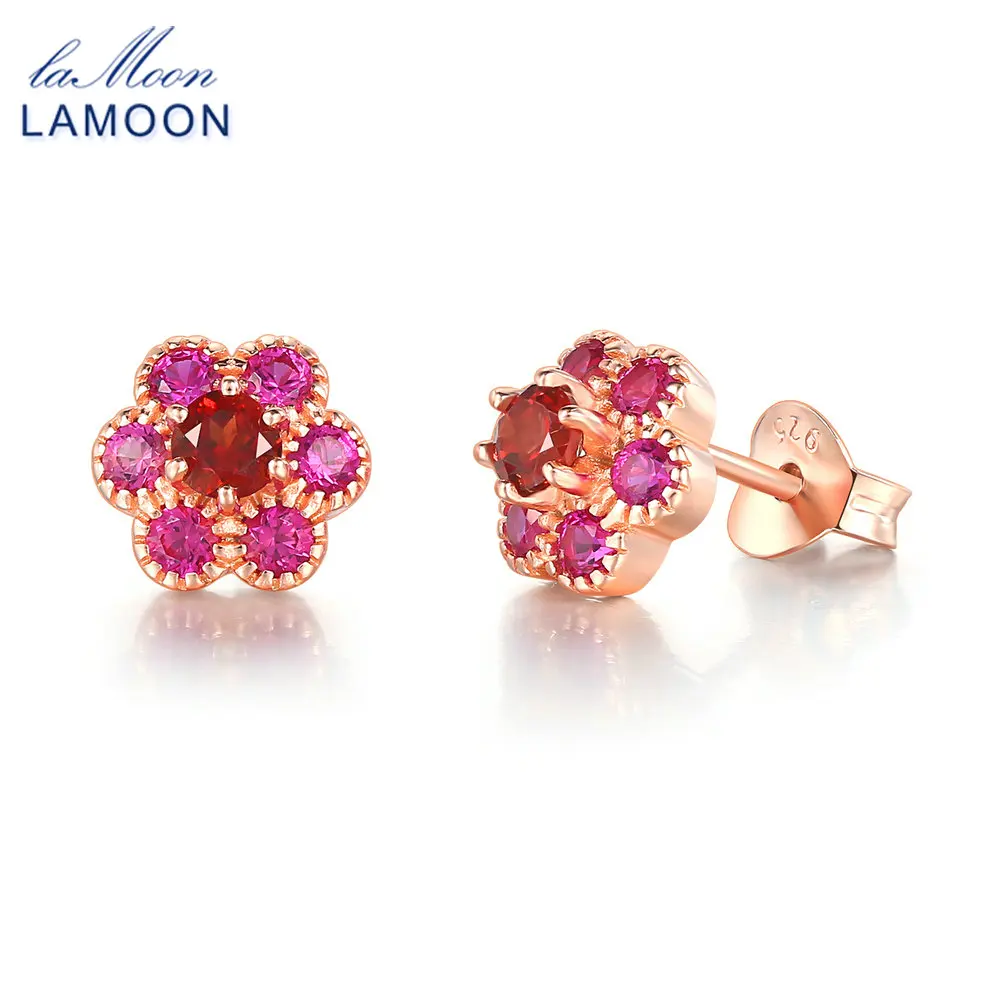 Lamoon 100% Naturale Rosso Granato Orecchino Per Le Donne Piccolo Fiore Orecchino S925 Argento Sterlina In Oro Rosa Di Colore Gioielleria Raffinata Lm