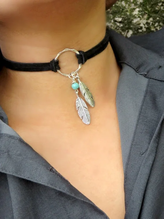 

Artilady feather choker suede choker necklace native American choker boho jewelry gift fpr women