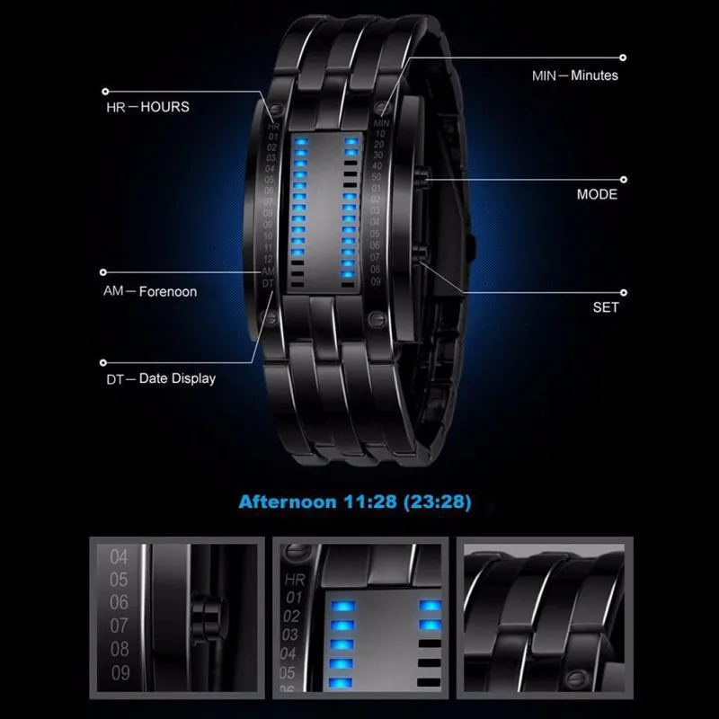 Future technology бинарные часы мужские женские черные часы из нержавеющей стали с датой цифровой светодиодный браслет спортивные часы