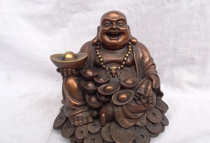 

fast shipping USPS to USA S1282 8" Chinese Purple Bronze YuanBao Happy Laughing Maitreya Buddha Coin Bag Statue