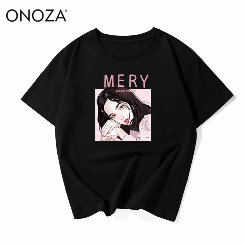 Onoza Забавные футболки корейский стиль черный Ropa De Mujer Verano Harajuku Camiseta манга Курта