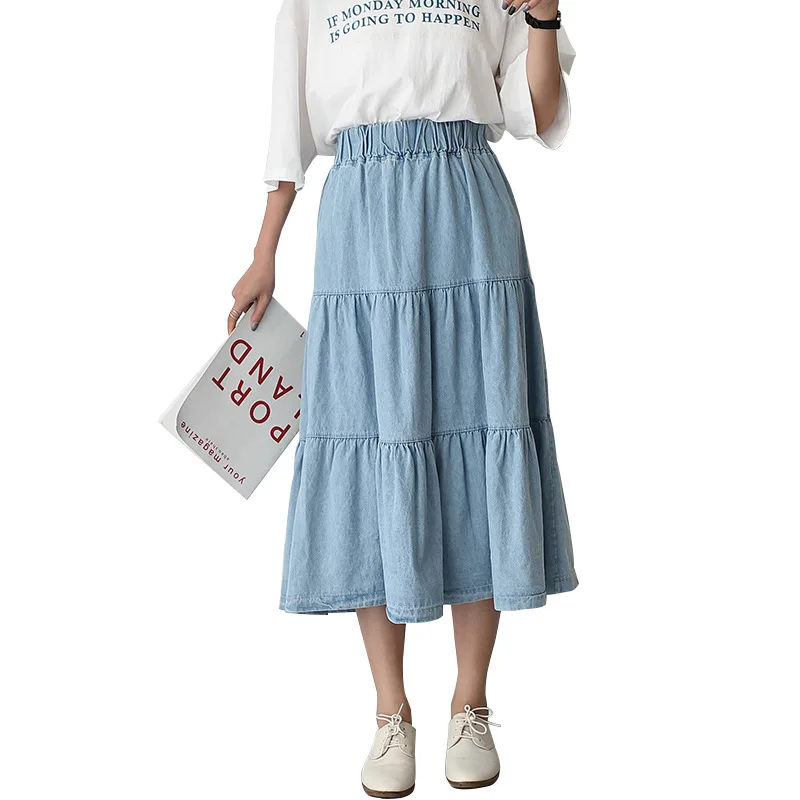 

2019 new Summer Woman High Waist Denim Long Skirt Korean Style Solid Casual Loose elastic Waist Maxi Jean cake Skirts Saias