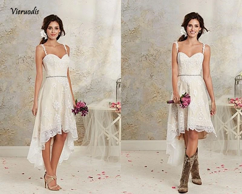 21-1           Vintage Spaghetti Lace High Low Wedding Dresses White Ivory Short Beach Bridal Gowns Custom Made