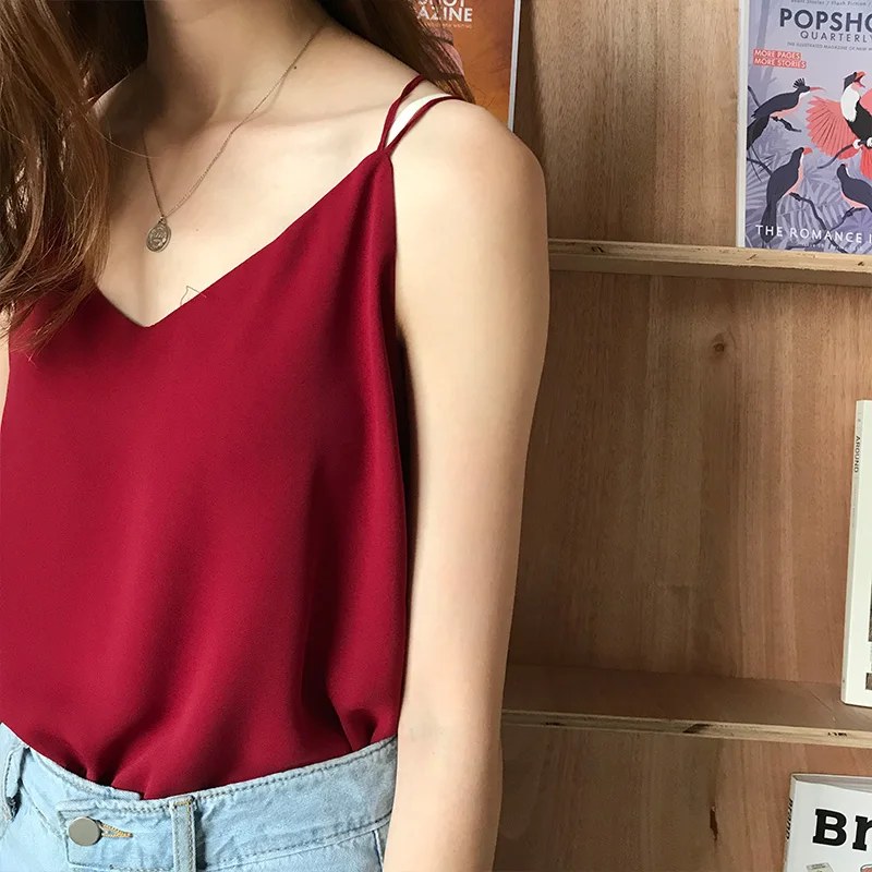 

Vintage Styles Summer Quality Chiffon Blouse Women Sleeveless Tank Top Blouse femme Shirt Casual Blouses Red Blusa 2/1 Straps
