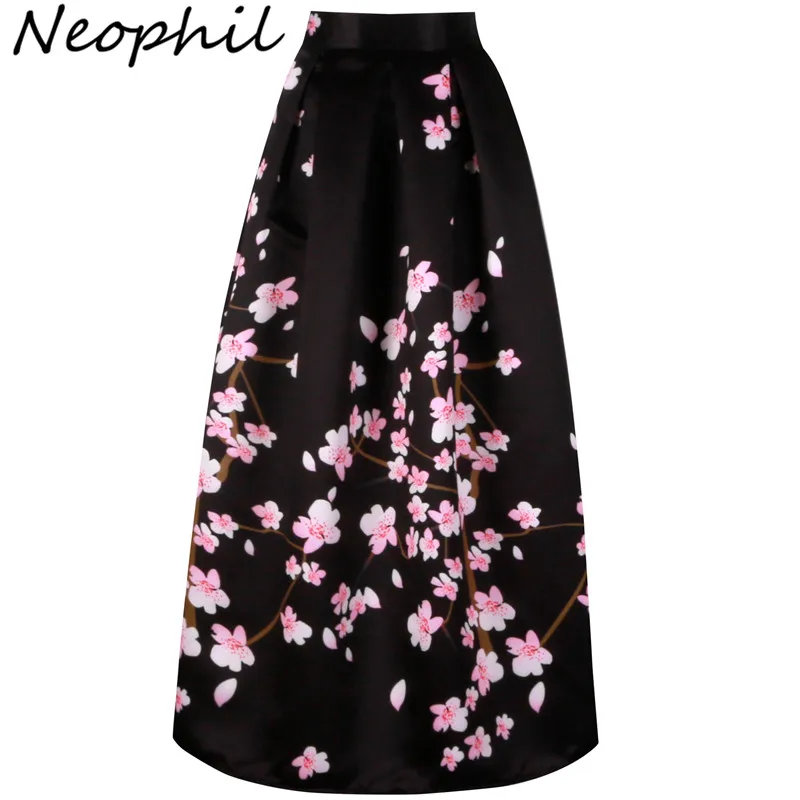 Neophil, винтажный цветочный принт сакуры, высокая талия, женские макси длинные черные юбки, плиссированные женские длинные юбки Saia Falda Larga MS1021