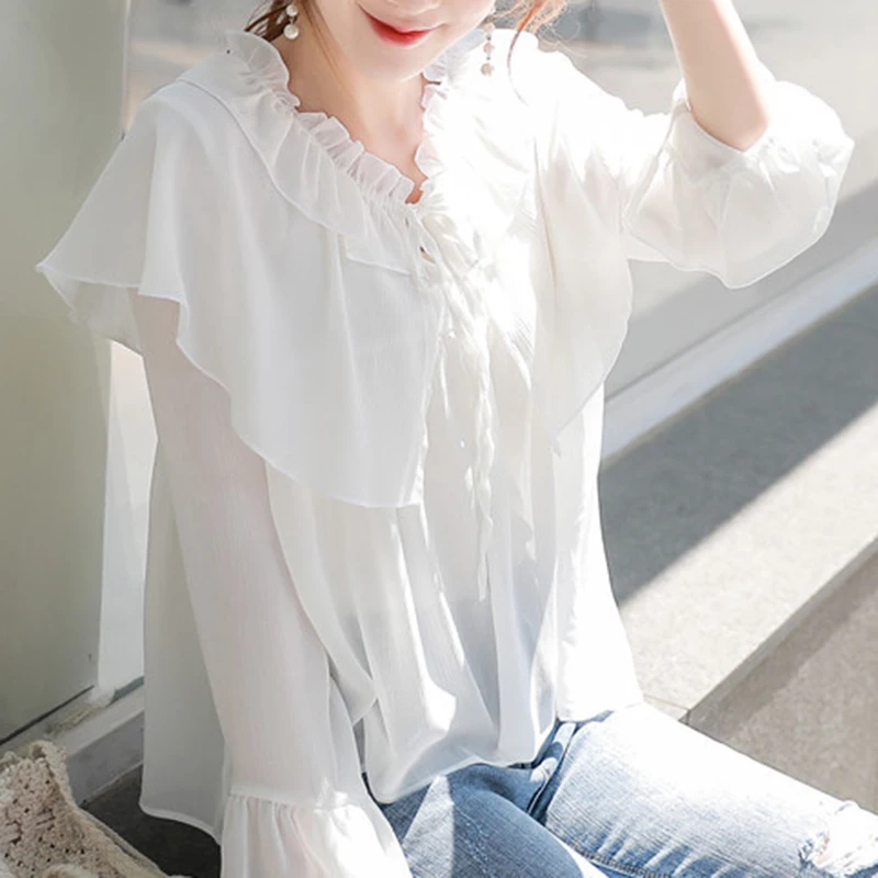 2017 Summer Women Shirt O Neck Short Sleeve Chiffon Bow