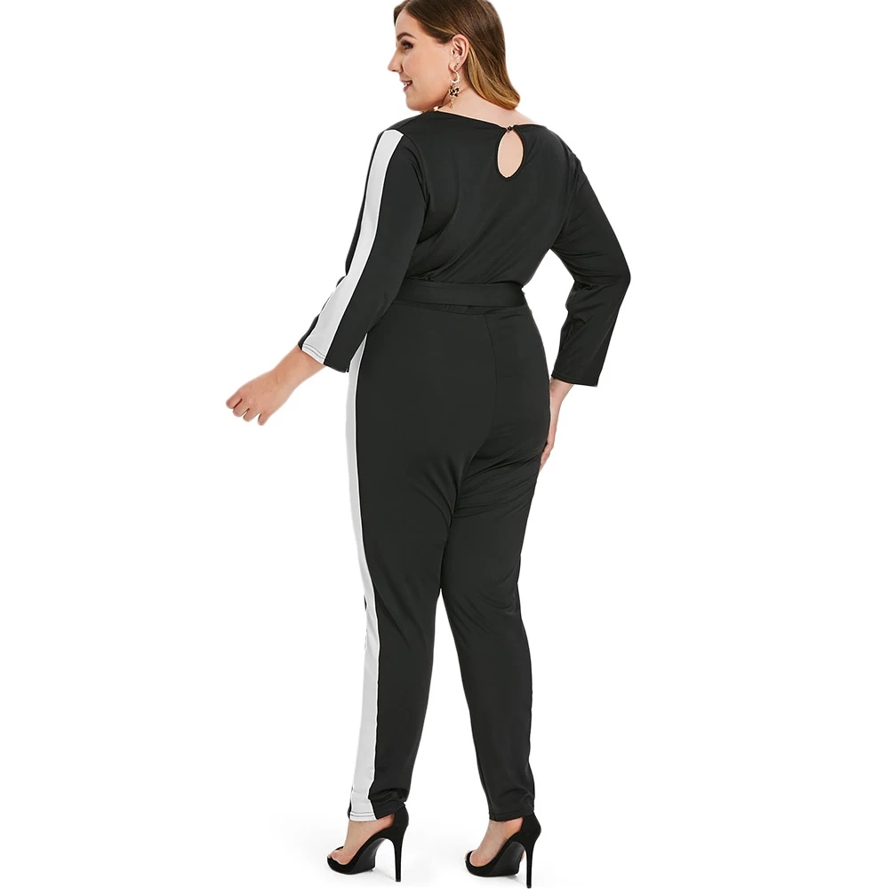 Plus Size Plunging Neckline Contrast Trim Jumpsuit