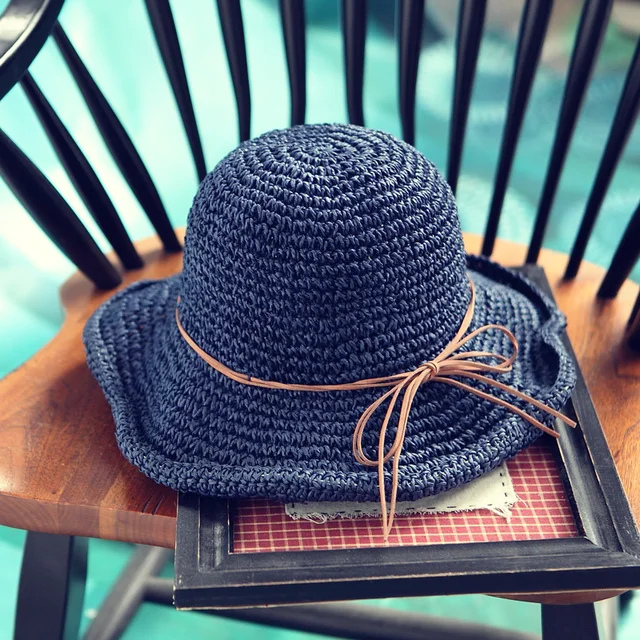 Handmade Weave Raffia Sun Hats For Women Black Ribbon Lace Up Large Brim Straw Hat Outdoor Beach Summer Caps Chapeu Feminino