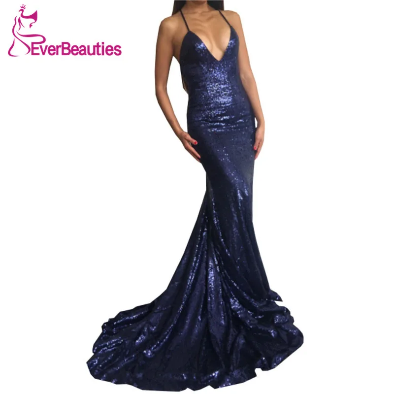 

Mermaid Sequins Evening Dress Long V-Neck Navy Blue Spaghetti Straps Elegant Formal Dress Robe De Soiree 2019