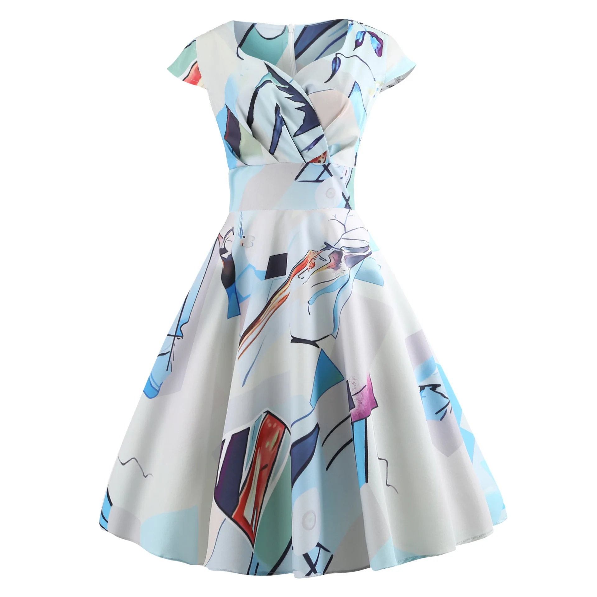 

Casual Party Hepburn 50s 60s Vintage V-Neck Dress Fashion Women 2019 Summer Sexy Plus Size Flower Print Red Short Dresses