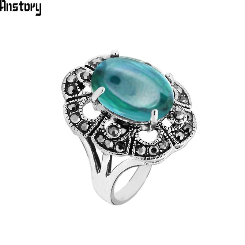 

Oval Blue Crystal Rings For Women Vintage Look Antique Silver Plated Rhinestone Plum Flower Fashion Jewelry TR694