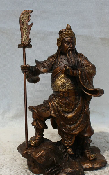 JP S0524 11 &quotКитайский Бронзовый фэн шуй народный нож Guan Gong Yu воин Бог рыцарь статуя |