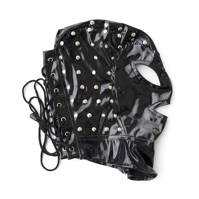 

Unisex Patent Leather Wet Look Bondage Hood Head Restraint Mask Lace Up Back Open Mouth Eyes Fetish Cosplay Costume