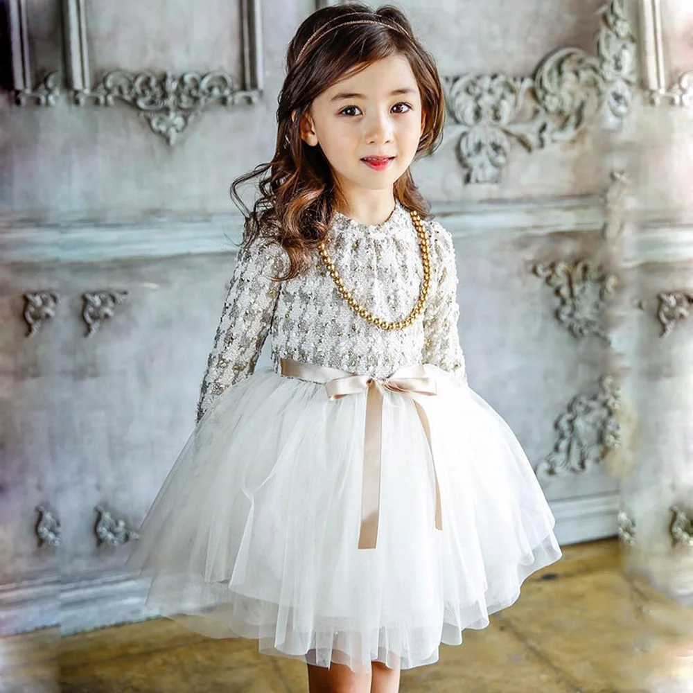 2019 Autumn New Korean Version of The Cute Girls Solid Bow Graceful Princess Full Length Sleeve Mesh Patchwork Ball Gown Dresses | Детская