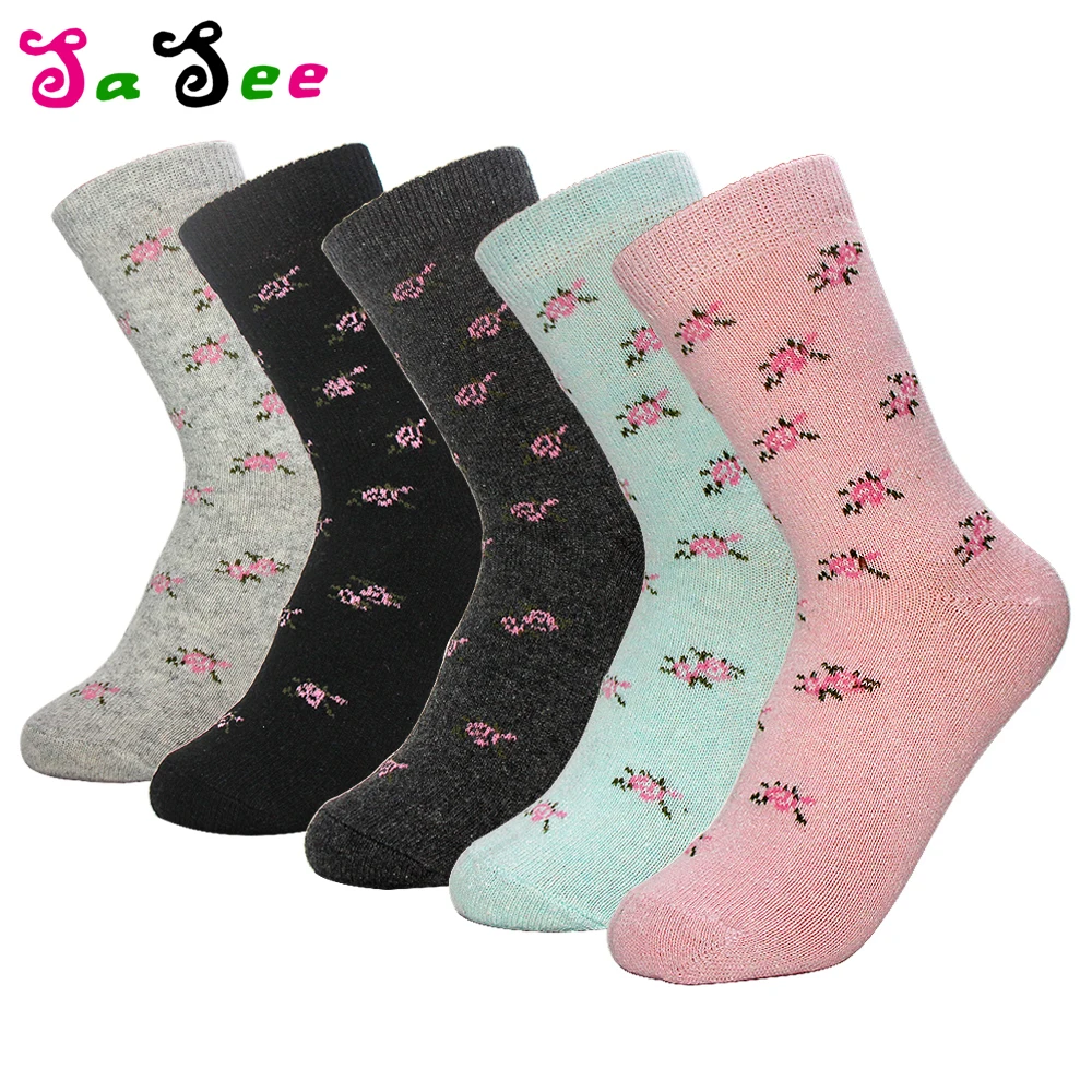 5 пар, популярные шерстяные носки с кроличьим мехом, женские качественные осенне-зимние теплые толстые разноцветные модные носки с цветочным узором, милые носки Meias, подарки