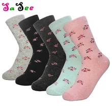 5 пар, популярные шерстяные носки с кроличьим мехом, женские качественные осенне-зимние теплые толстые разноцветные модные носки с цветочным узором, милые носки Meias, подарки