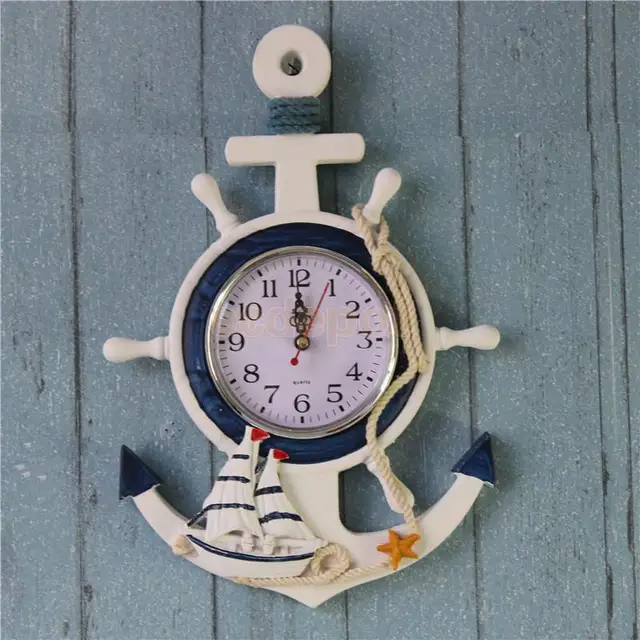European Mediterranean Nautical Ship Steering Wheel Rudder Parlor European Mediterranean Nautical Ship Steering Wheel Rudder Parlor Bedroom Anchor Shape Wall Clock