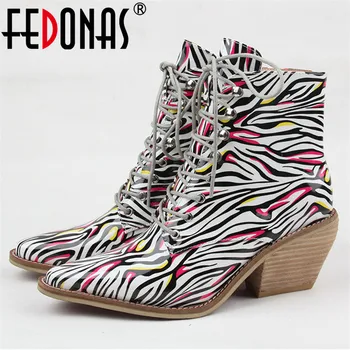 

FEDONAS Women Cross-tied Mixed-colors Ankle Boots Spring Summer Fashion Pointed Toe Shoes PU Leather Strange High Heels Boots