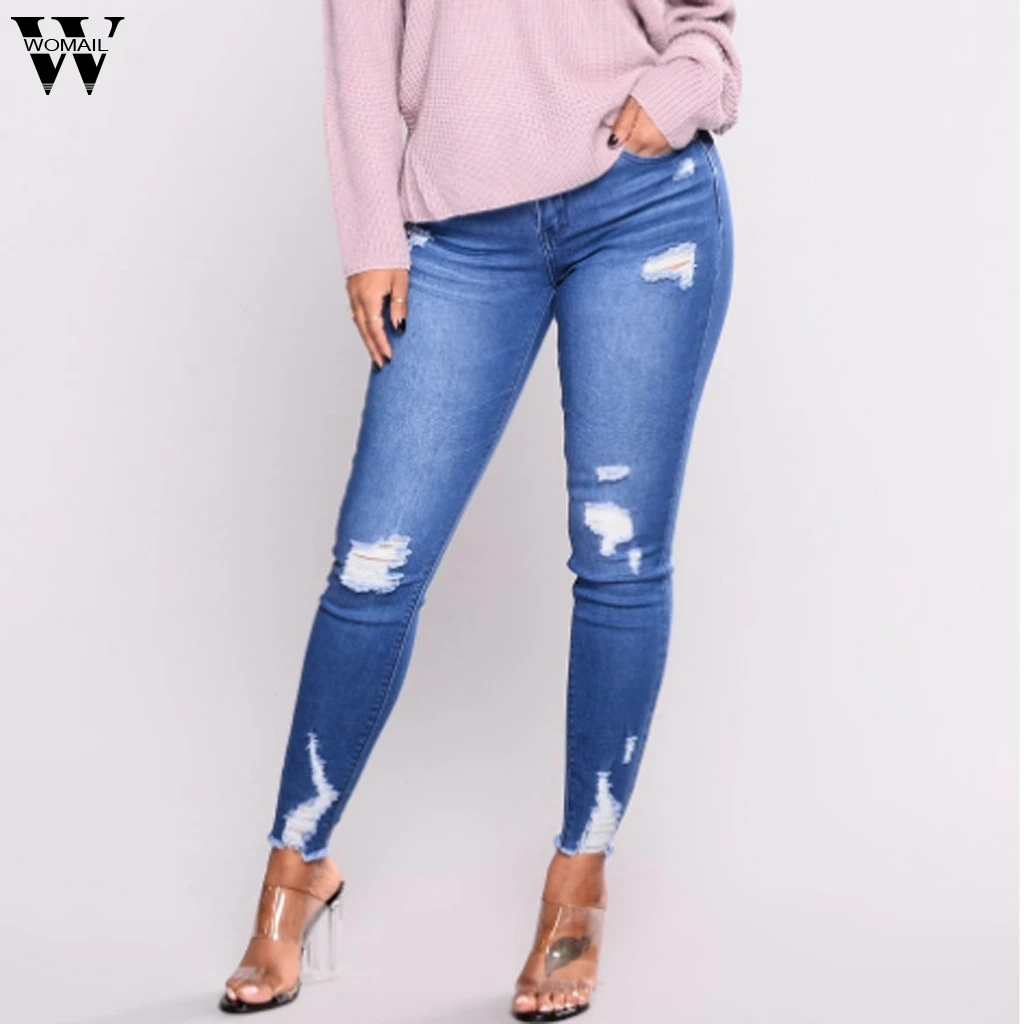 

Womail Blue Jeans Women's high Waist With Holes In Elasticity And Small Feet Casual Pure color Jeans For Ladies Dropship May27