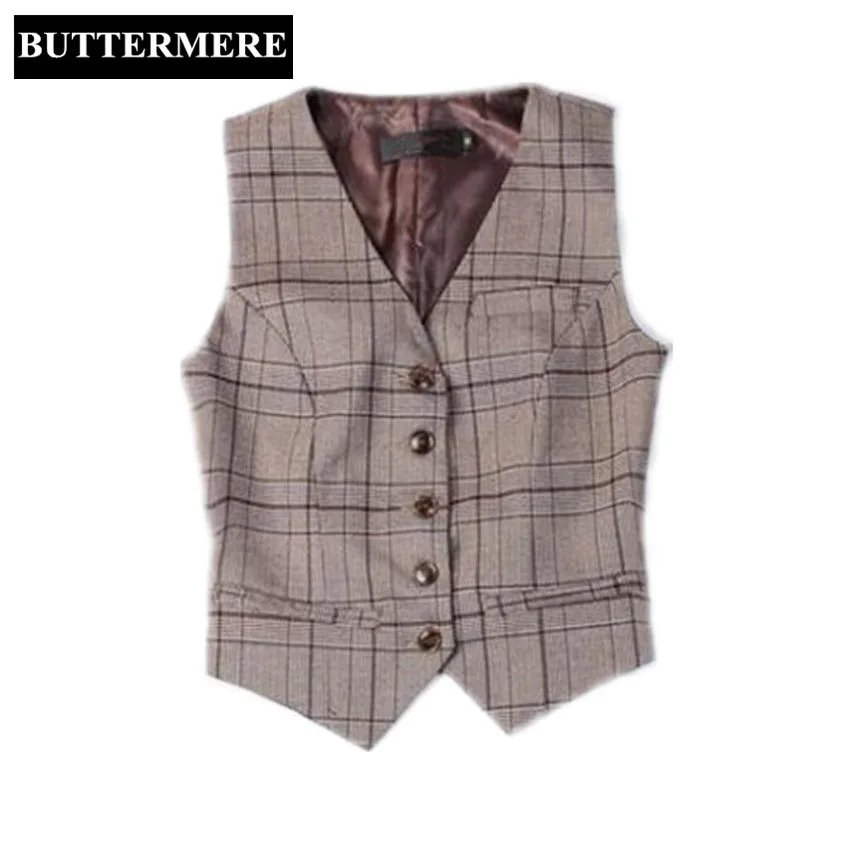 Women'S Vest Suit Ladies Plaid Vest Working Styles Coffee Spring Waistcoat Fashion V Neck Chalecos Mujer Short Gilet Femme