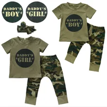 Летняя одежда для новорожденных девочек и мальчиков хлопковая футболка с короткими рукавами и буквенным принтом+ камуфляжные штаны Милая одежда комплект одежды для младенцев