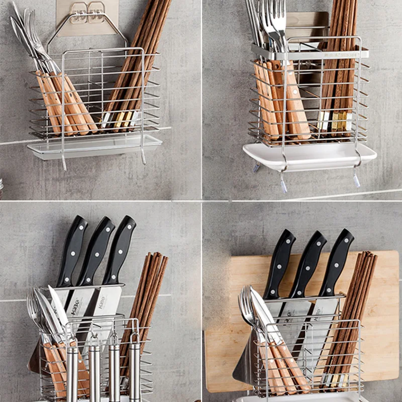 Stainless steel hanging chopstick cage fork spoon holder Knife rack reinforced kitchen supplies cutting board shelves with hooks Stainless steel hanging chopstick cage fork spoon holder Knife rack reinforced kitchen supplies cutting board shelves with hooks
