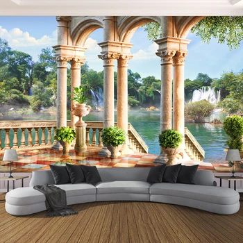 

Custom Wallpaper 3D Stereo Space Balcony Waterfall Scenery Roman Column Photo Wallpaper Living Room Bedroom Backdrop Decor Mural