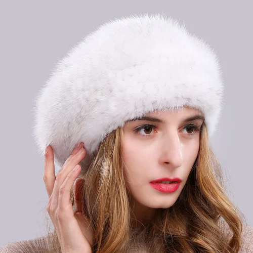 white Новая стильная зимняя натуральная норка меховые шапки, связанная вручную шапка из натуральной норки меховые шапки женские эластичные шапочки с мехом норки шапки - Цвет: white