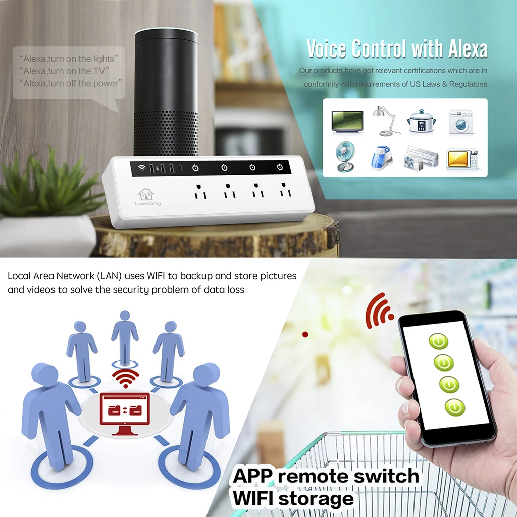 Smart Power Strip WiFi Remote Control 4AC+3USB Port US Plug Charger Accessories
