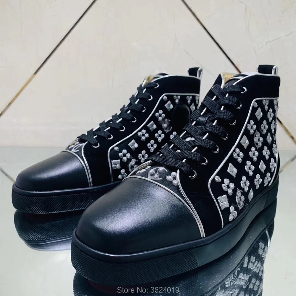 

High Cut cl andgz Men Black embroidery Suede no rivet Lace up Red bottom Shoes for Man Sneakers Leather Loafers Footwear Autumn