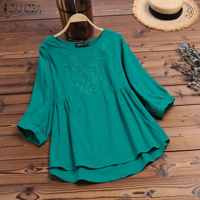 

ZANZEA Autumn Women Embroidered Blouse Vintage 3/4 Sleeve Cotton Shirt Solid Tunic Tops Femme Robe Casual Work Blusas Chemise