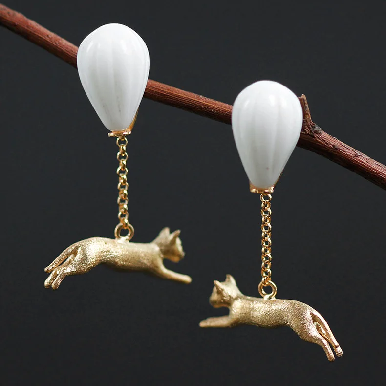 

CMAJOR Handmade 925 Sterling Silver Ceramic Balloon Flying Cat Kitty Drop Earrings Vintage Original Fine Jewelry Wholesale