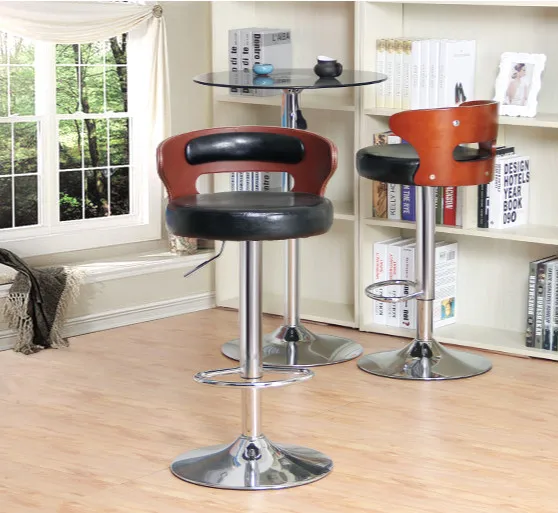 Simple Metal & Wooden Bar Chair Lifting Swivel Bar Stool with Footrest Natural Retro Design Adjustable Height Reception Chair