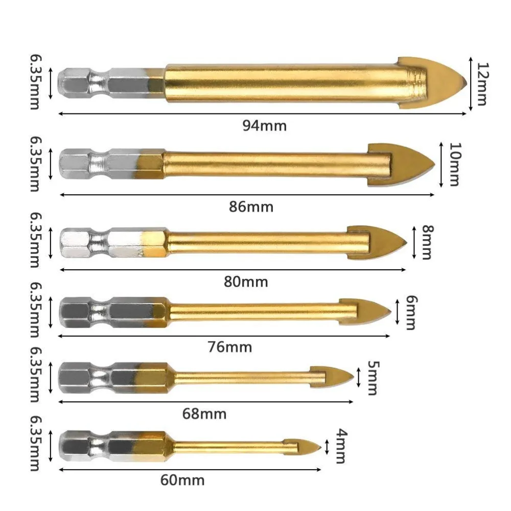 6Pcs Tile Glass Drill Bit Set 4-12mm Spear Head Titanium Coating Hex Shank Drill Bit for Glass Tile Ceramic Porcelain Marble