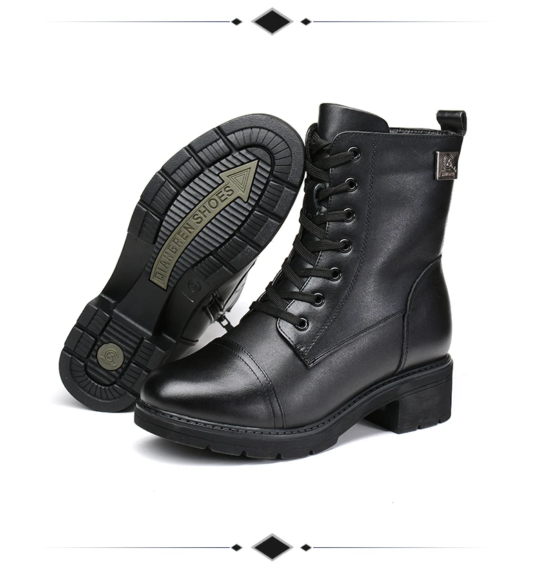 Qaingran/Новое поступление; женские зимние сапоги в военном стиле из натуральной кожи и шерсти; черные зимние сапоги на резиновой подошве; обувь на высоком каблуке для улицы