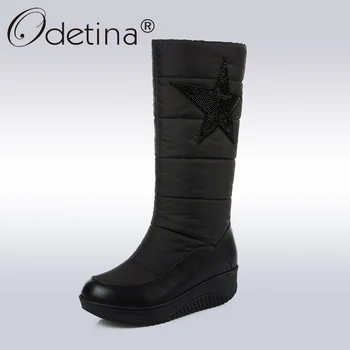 

Odetina Winter Genuine Leather Snow Boots Women Warm Down Mid-Calf Boots Ladies Fashion Star Platform Shoes Short Boots Black