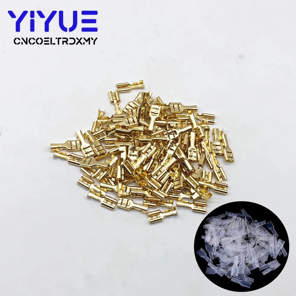 

100pcs 6.3mm Brass Crimp Terminal Female Spade Connectors with Insulating Sleeve 22-16AWG