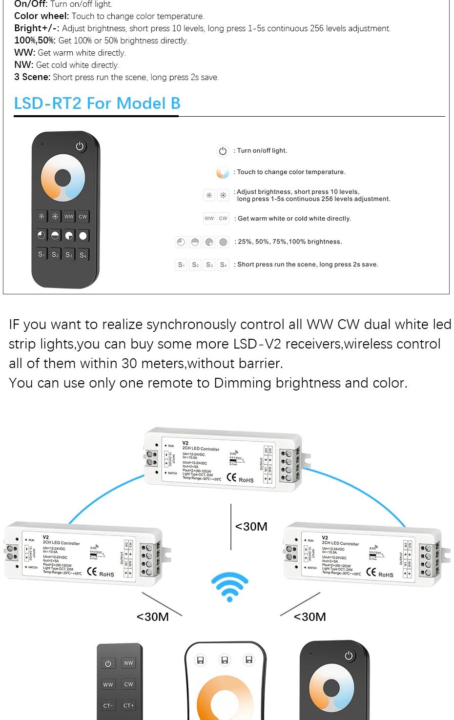 WW CW Светодиодный контроллер 12V 24V 10A 2CH 2,4 г Одиночная Цвет CCT светильник полосы светодиодный диммер контроллер RF Беспроводной пульт дистанционного управления с держателем V2