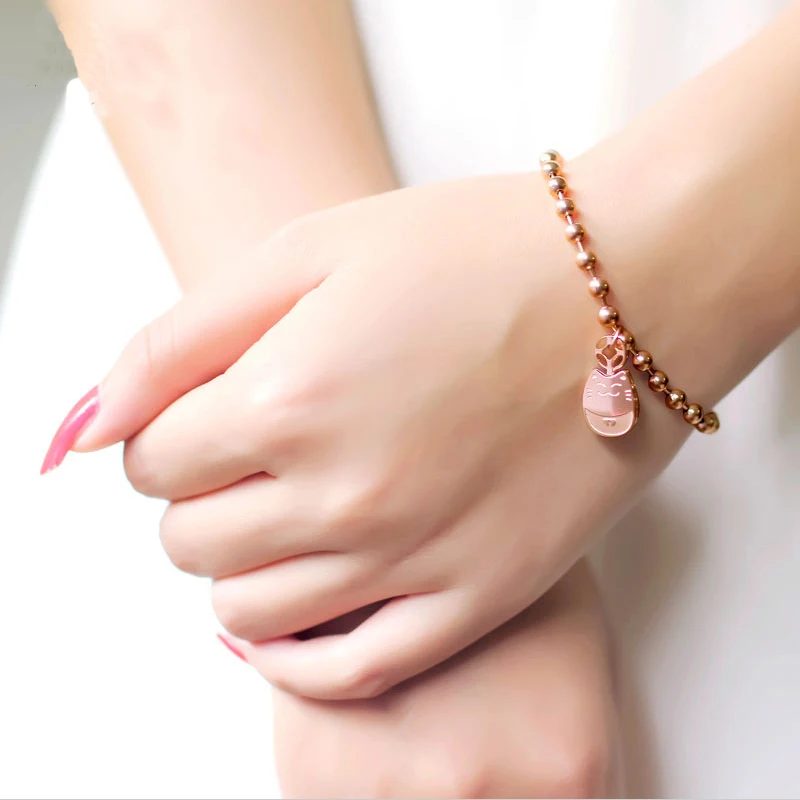 

Hot Women Stainless Beads Bracelet with Lucky Cat Charms Fashion Rose Gold color Cheap Cat Charms Bracelet