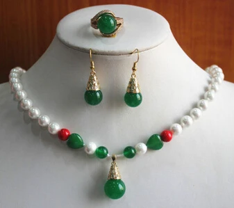 

free shipping 12693 Fashion Women'S 8mm White Pearl And Green Jade Necklace Earring Ring Jewelry Set (A0423)