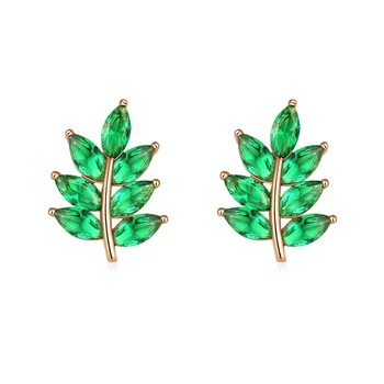 

MOONROCY Rose Gold Color CZ Crystal Earrings Colourful Stud Leaf Cubic Zirconia for Women Girls Gift Red Blue Green Jewelry