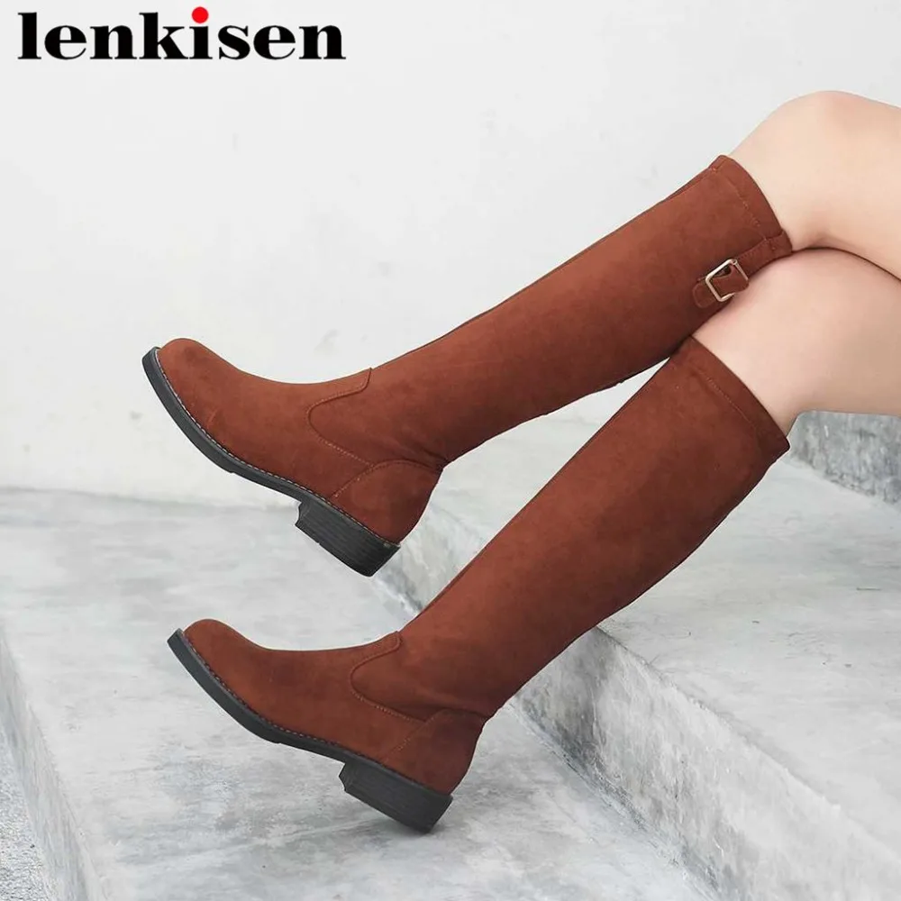 

2019 hot sale vintage big sale zipper round toe low heels flock metal buckle streetwear high fashion winter knee-high boots L7f7