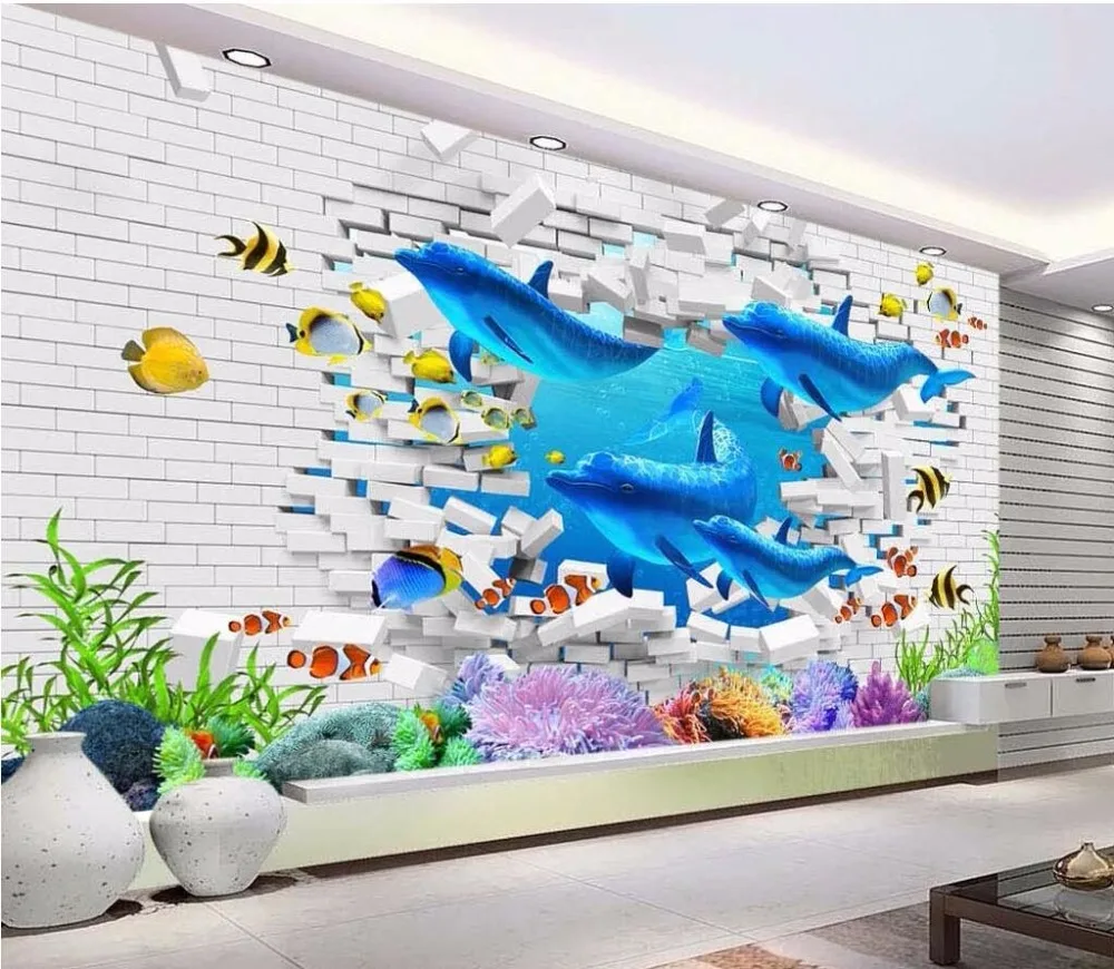 

Custom photo 3d wallpaper Brick wall ocean dolphin painting wall papers home decor 3d wall murals wallpaper for living room