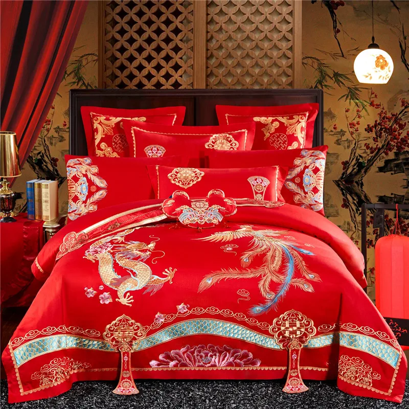 

Golden Dragon Phoenix Embroidery Red Luxury Wedding style 100% Cotton Bedding Set Duvet Cover Bed sheet Pillowcases 4/6/10pcs