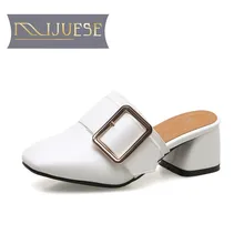 MLJUESE 2018 women slippers summer white color style Metal decoration mules high heels sandals women size 34-43