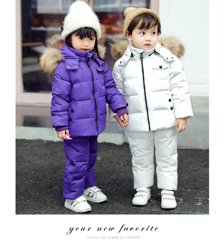 Зимние теплые комплекты одежды для маленьких девочек лыжные костюмы для девочек Детская верхняя одежда пуховое пальто с мехом, куртки+ брюки/комбинезон