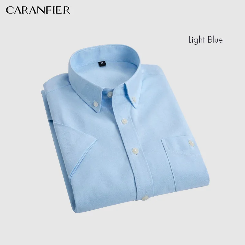 CARANFIER, мужская рубашка, Оксфорд, формальная, Social, деловая, мужская, облегающая, короткий рукав, одноцветная, Классическая, для отдыха, рубашки, Chemise Homme - Цвет: Light Blue