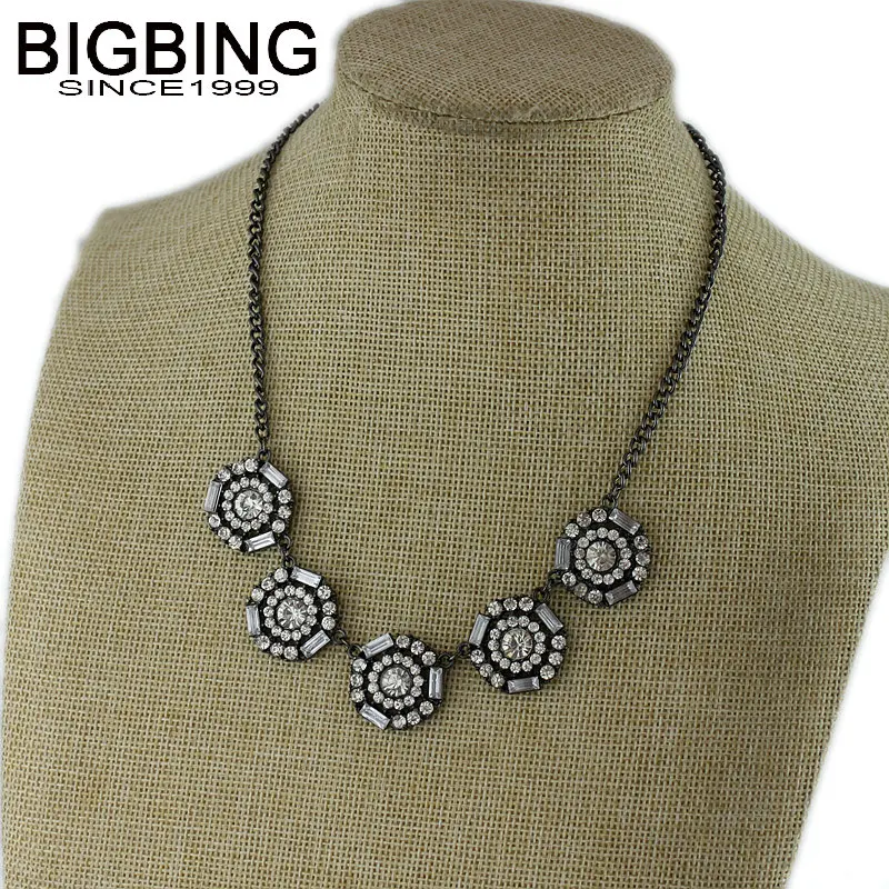 BigBing ювелирные изделия Мода черный Полный Хрустальный цветок короткое ожерелье