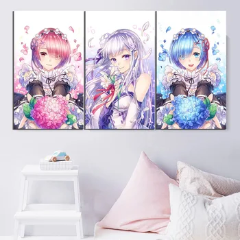 

3 Piece HD Anime Girls Pictures Re:Life In A Different World From Zero Poster Canvas Paintings Wall Art for Home Decor